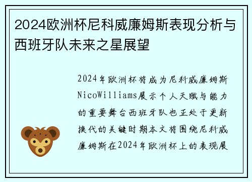 2024欧洲杯尼科威廉姆斯表现分析与西班牙队未来之星展望