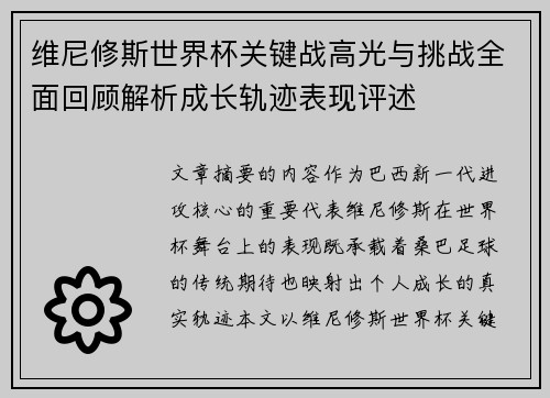 维尼修斯世界杯关键战高光与挑战全面回顾解析成长轨迹表现评述