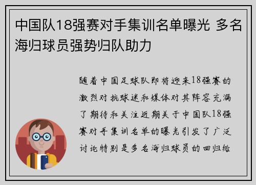 中国队18强赛对手集训名单曝光 多名海归球员强势归队助力 中国队18强赛对手集训名单曝光 多名海归球员强势归队助力