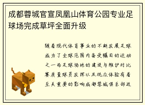 成都蓉城官宣凤凰山体育公园专业足球场完成草坪全面升级